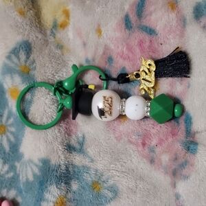 Green and White Beaded Keychain with Tassel